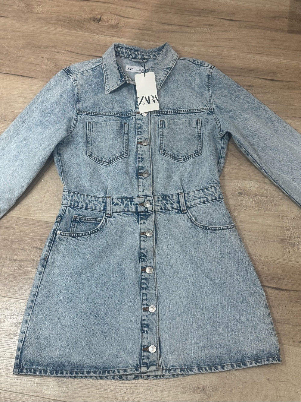 Zara Light Wash Denim Button-Down Dress